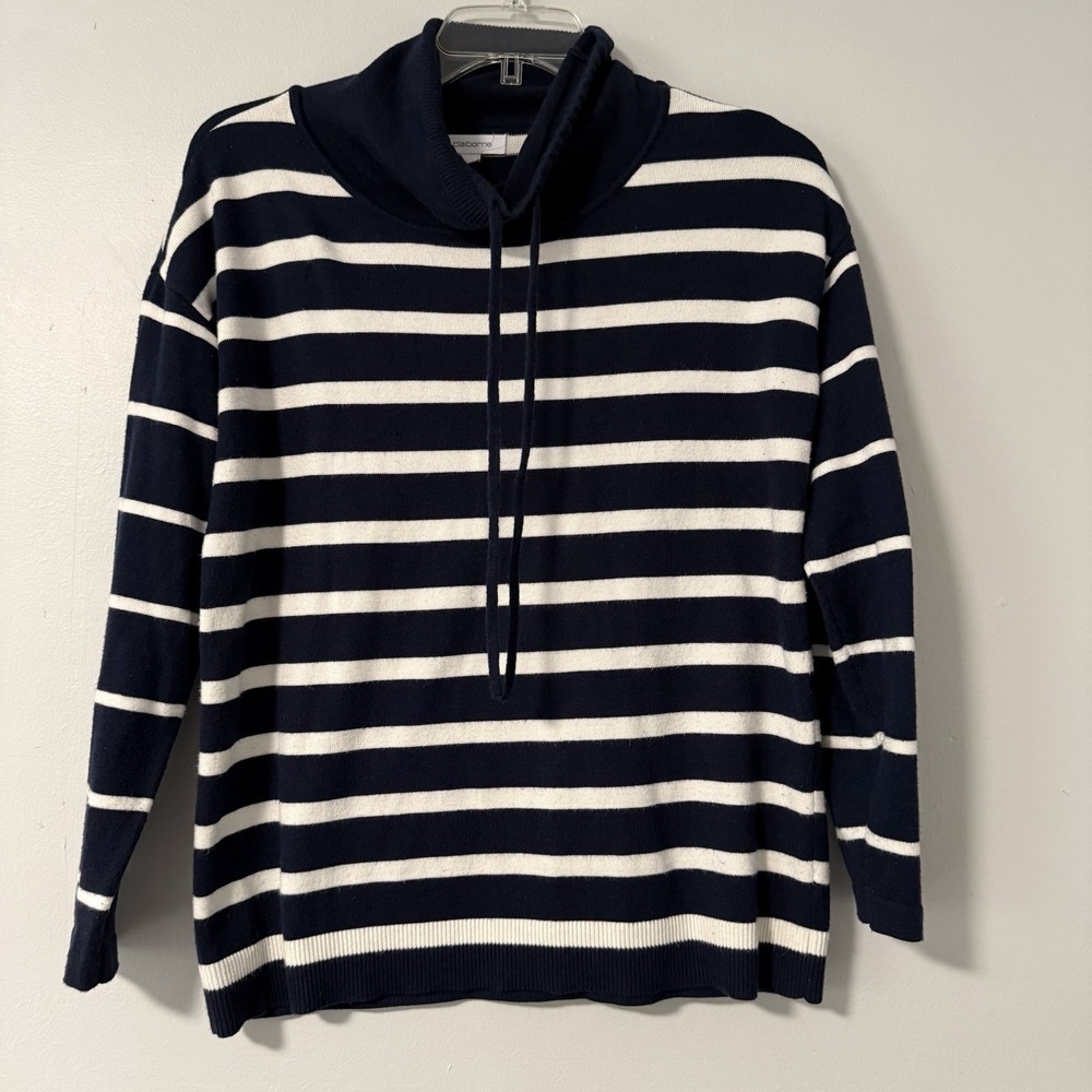 Liz Claiborne Funnel Neck Pullover Sweater M‎ Navy Blue White Stripe Drawstring